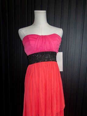 La Glo Strapless Colorblock Maxi Dress Pink Coral Sequin Waist M